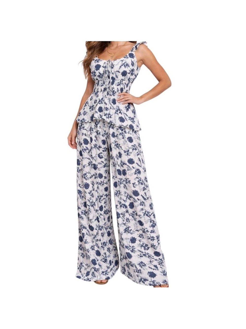 Storia x Anthropologie Floral Jumpsuit Wide Leg Blue White Smocked Ruffle Boho S